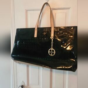 Vintage Iman Black Faux Leather Tote Bag With Gold Hardware